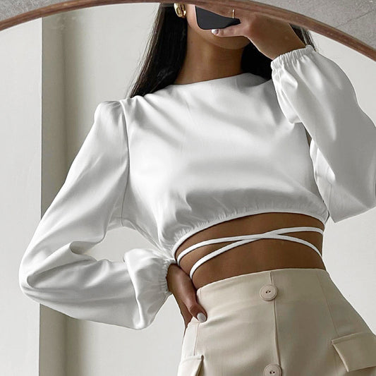Silky Long Sleeved Cropped Top - White