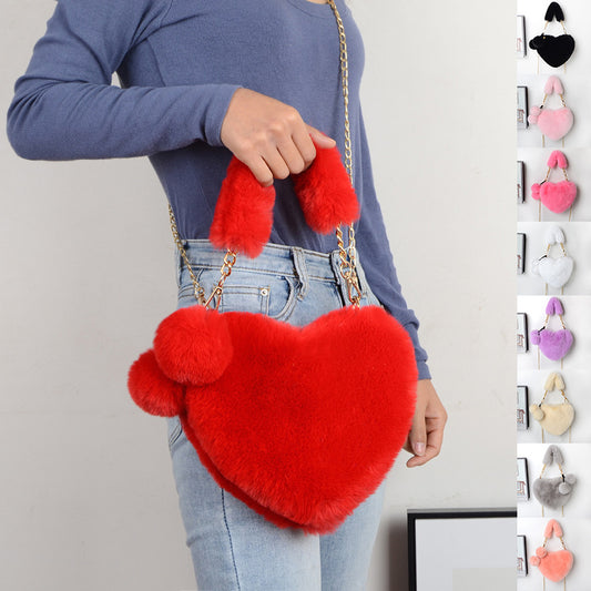 Soft Plush Heart Shaped Handbag with Two Fluffy Pom-Poms -
