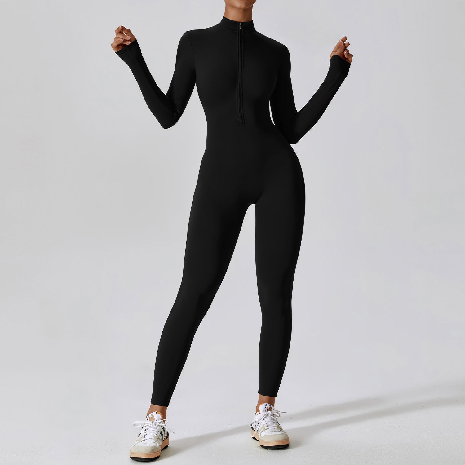 Long Sleeved Jumpsuit with Zipper - Advanced Black