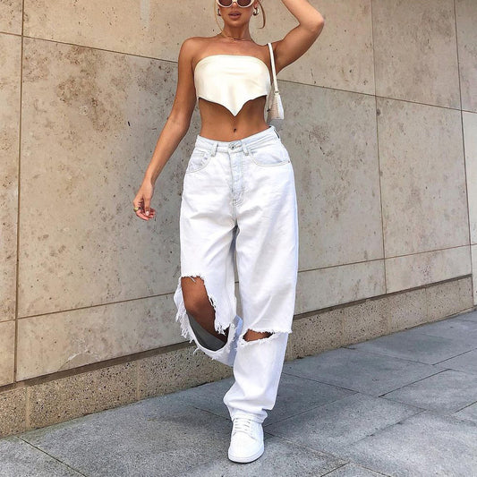Women's White Jeans with Ripped Knee - white
