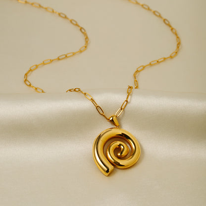 Stainless Steel 18K Gold Thick Swirl Pendant Necklace -