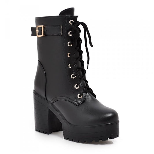 Thick Heeled Laced Ankle Boots - Black