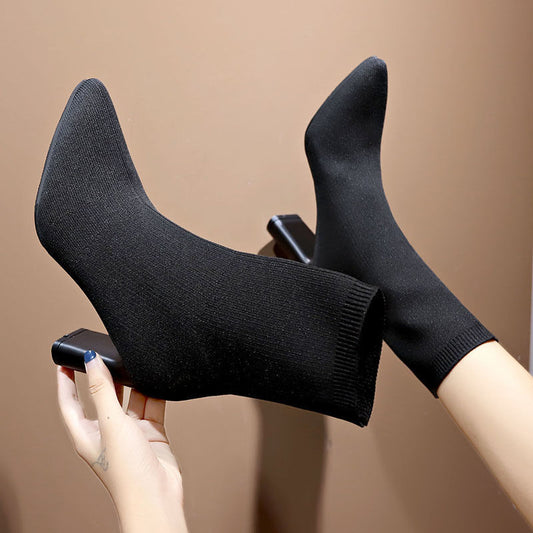 Stretchable High Heeled Booties with Thick Sole - Black