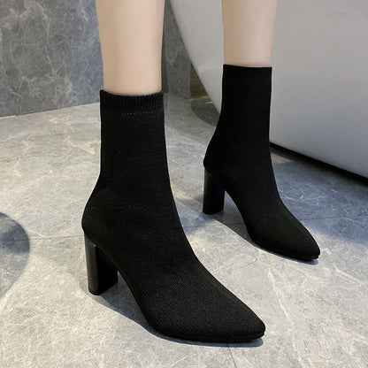 Stretchable High Heeled Booties with Thick Sole -