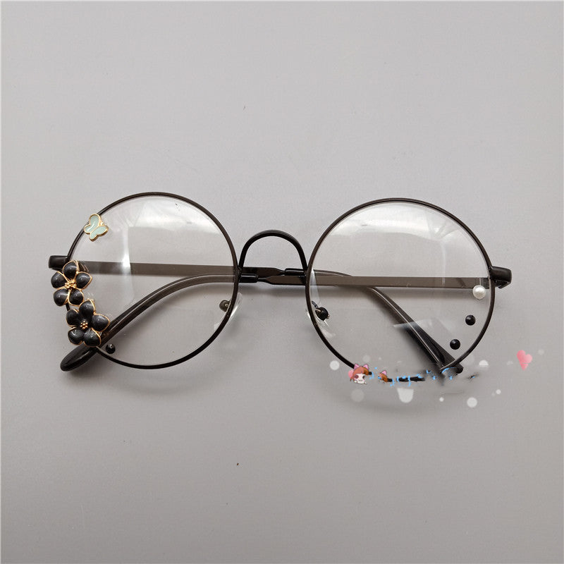 Round Shaped Glasses with Flowers - Black camellia