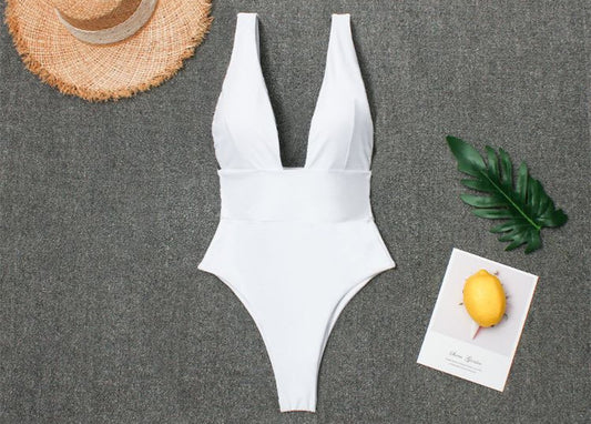 One-piece V-neck, Leak-back And High-waisted Sexy Ladies Swimsuit - White