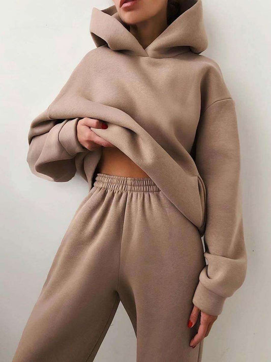 Women's Casual Hooded Sweater Two-piece Set - Khaki