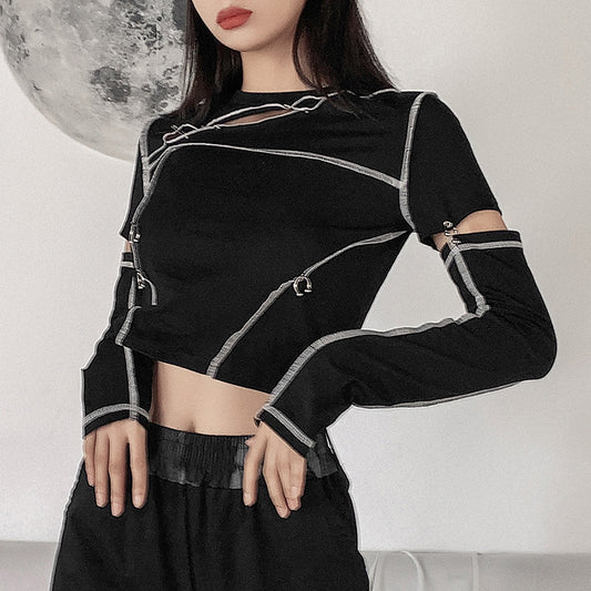 Rough Stitched Detachable Long Sleeved Crop Top - Black