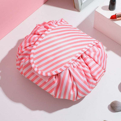 Large Capacity Travel Toiletry Bag with Tie-Able Strings - Pink with White Stripes