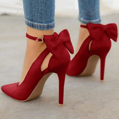 French Pointed Stiletto High Heels with Bow - Red2