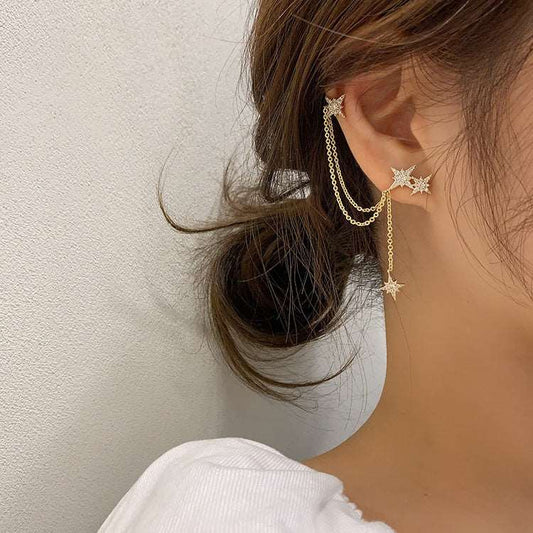 Double Star Chain Earrings - Gold