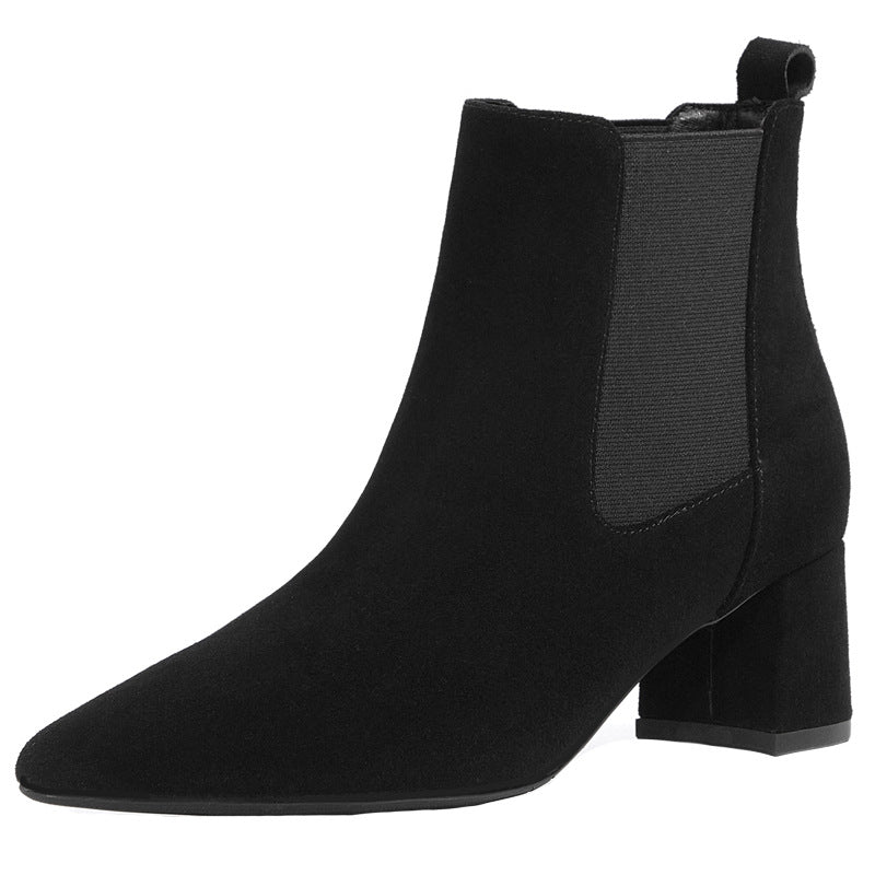 Women’s Short Leather Boots with Thick Heel - Black single li