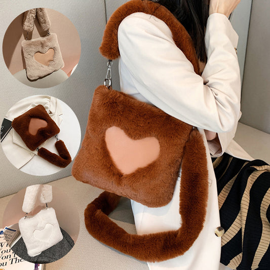 Square Plush Shoulder Bag with Heart Design -
