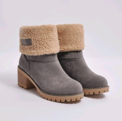 Mid-Tube Thick Heel Suede Snow Boots - Gray