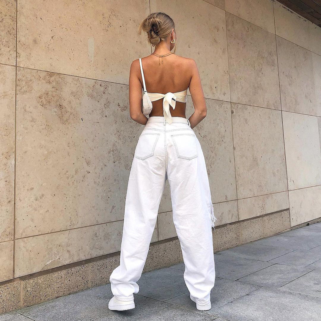Women's White Jeans with Ripped Knee -