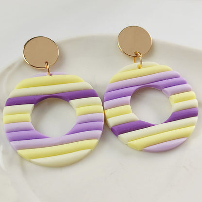Multi-Color Clay Circle Earrings - Purple and Yellow