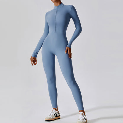 Long Sleeved Jumpsuit with Zipper - Haze Blue