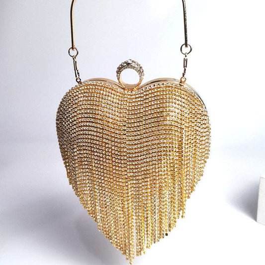Heart Tassel Inlaid Diamond Handbag - Gold