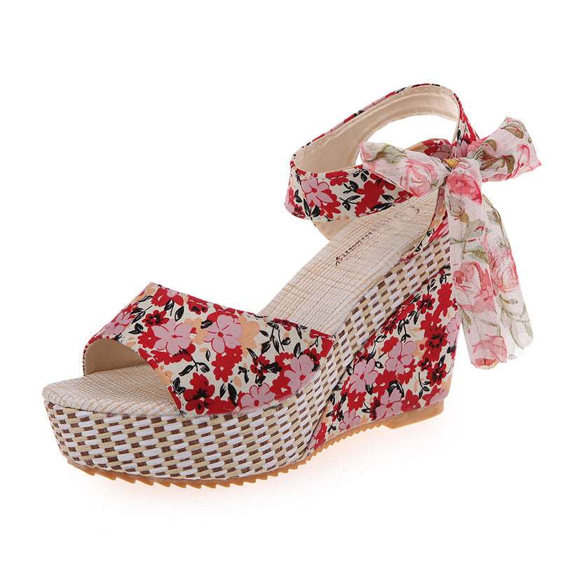 Floral Wedge Platform High Heels with Bow - Red 35