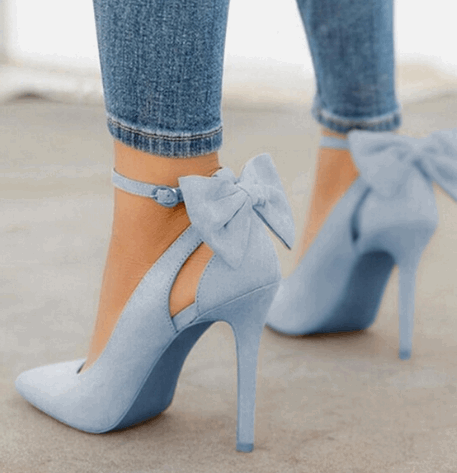 French Pointed Stiletto High Heels with Bow - Blue