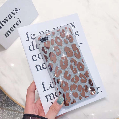 Shiny Leopard Print Phone Case with Glitter - Silver