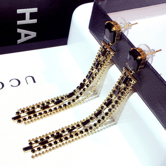 Long Black & Gold Square Tassel Earrings -