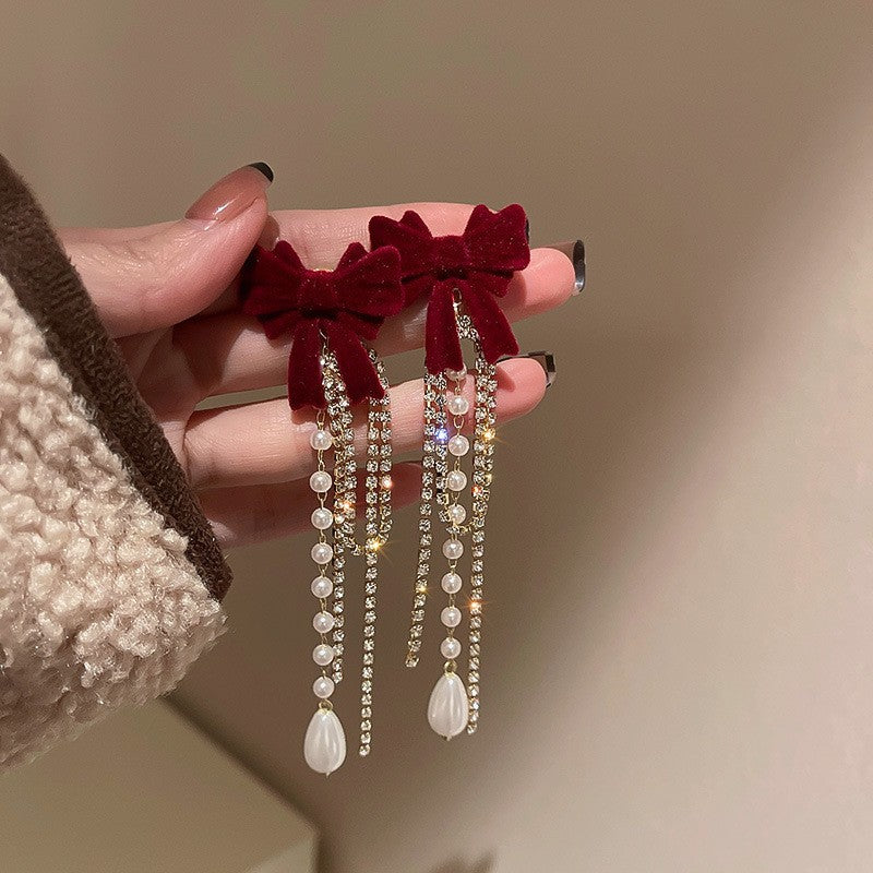 Long Tassel Earrings with Bow's and Pearls