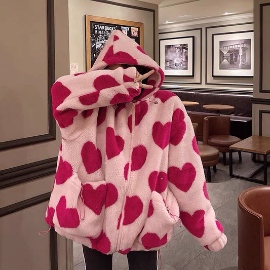 Oversized Pink Heart Hooded Jacket with Pockets -