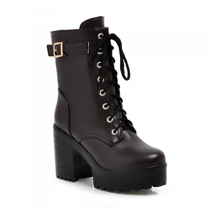 Thick Heeled Laced Ankle Boots - Brown