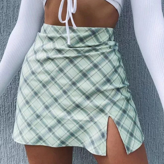 Plaid Printed Skirt with Hip Slit - Light Green