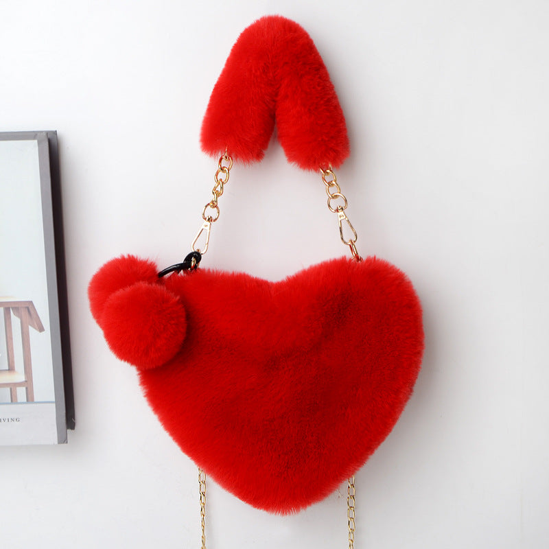 Soft Plush Heart Shaped Handbag with Two Fluffy Pom-Poms - Red