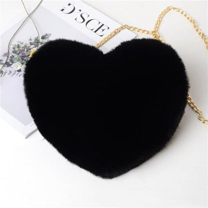 Large Capacity Heart Plush Bag with Chain Strap - Black