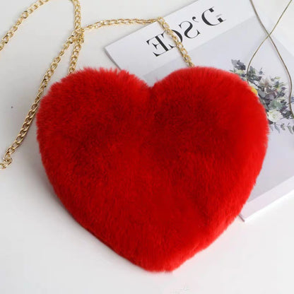 Large Capacity Heart Plush Bag with Chain Strap - Red