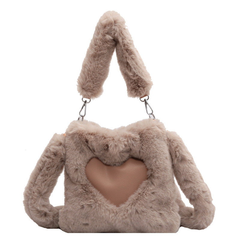 Square Plush Shoulder Bag with Heart Design - Khaki