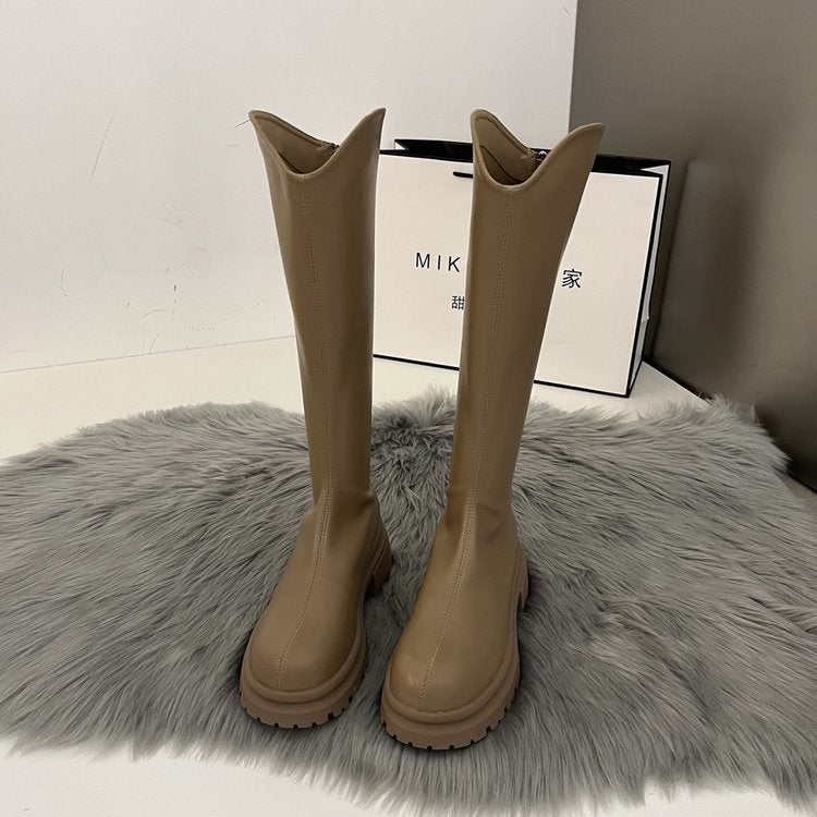 Thick Knee High Faux Leather Boots - Khaki