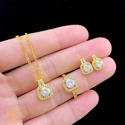 Gold Zircon Jewelry Set with Earrings, Necklace, and Ring