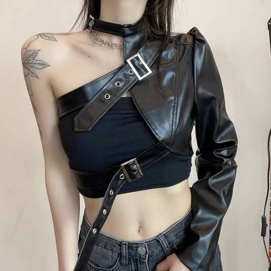 One Shoulder Leather Cover Top with Metal Buckles - Black
