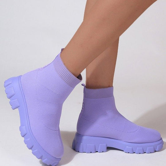 Chunky Low Heel Sock Boots - Purple
