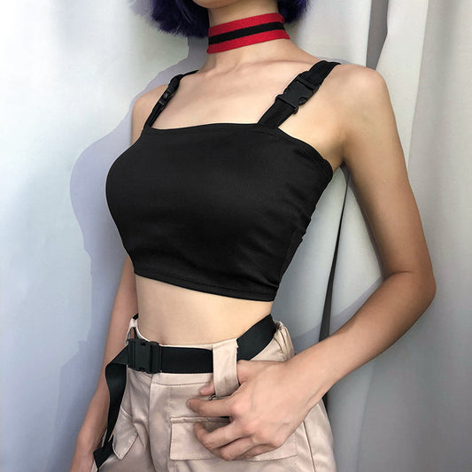 Cropped Black Top with Paracord Buckles
