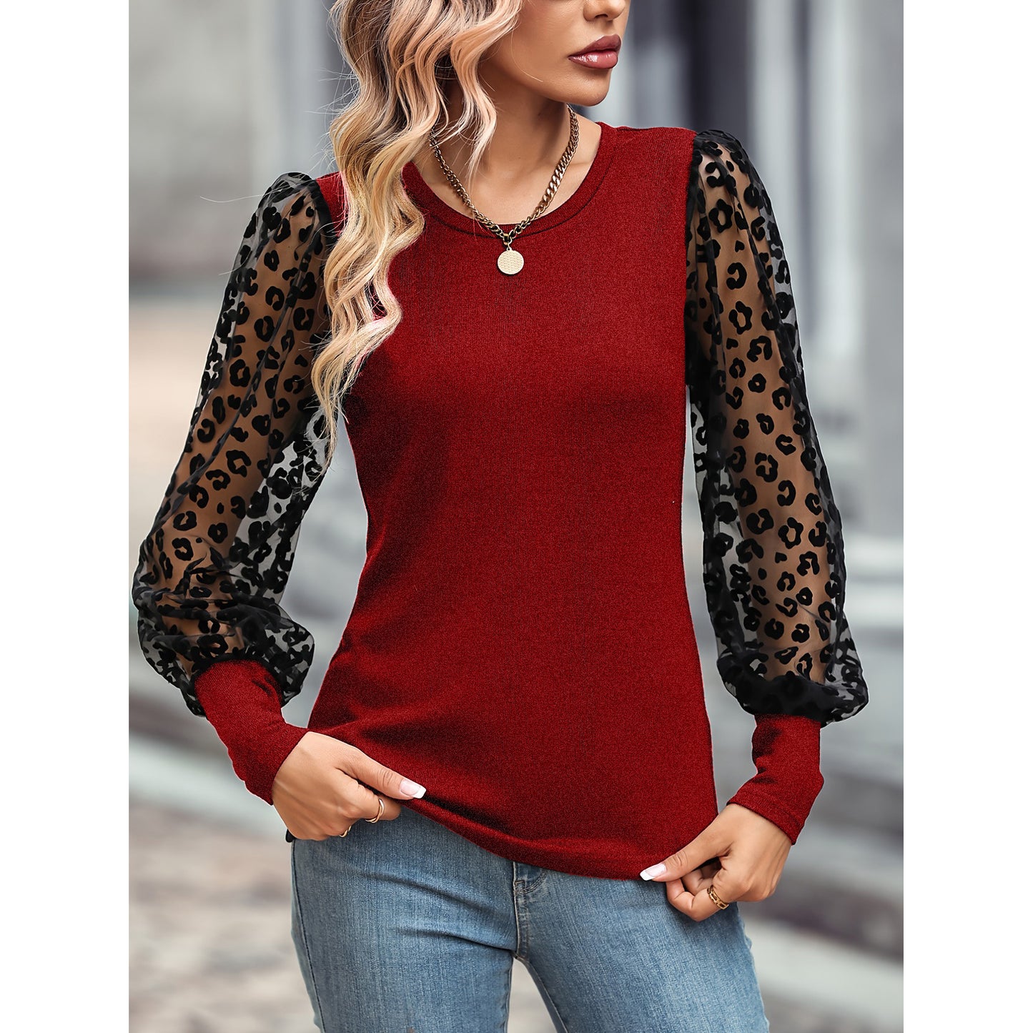 Slim-fit Color Matching Long-sleeved Top - Red