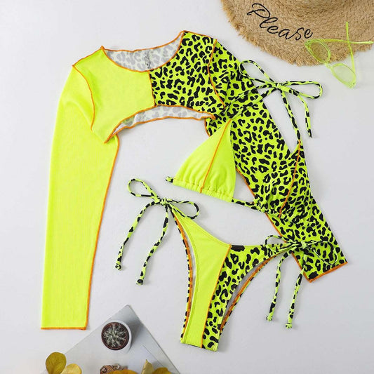 3-Piece Leopard Print Top Panel Sling Bikini - Fluorescent yellow leopard