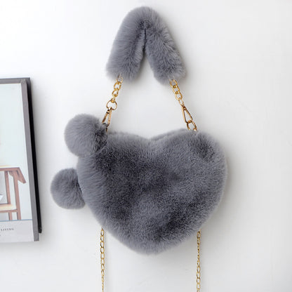 Soft Plush Heart Shaped Handbag with Two Fluffy Pom-Poms - Dark Grey