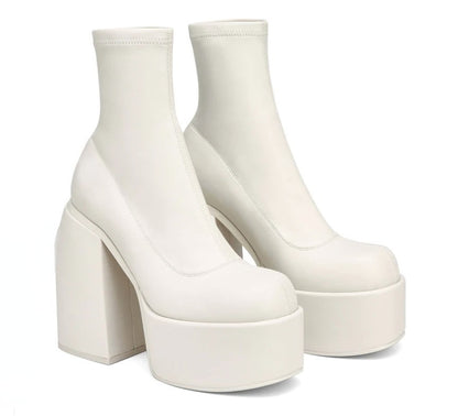 Thick Mid-Ankle Platform High Heels - White