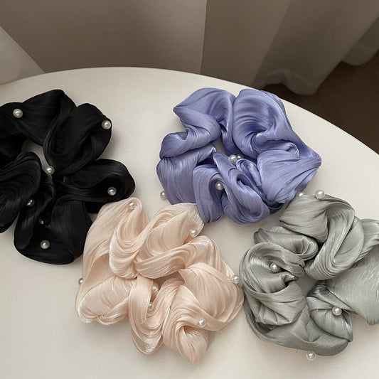 Ruffled Silky Hair Scrunchies with Sewn on Pearls -