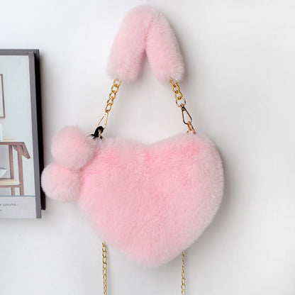 Soft Plush Heart Shaped Handbag with Two Fluffy Pom-Poms - Blush