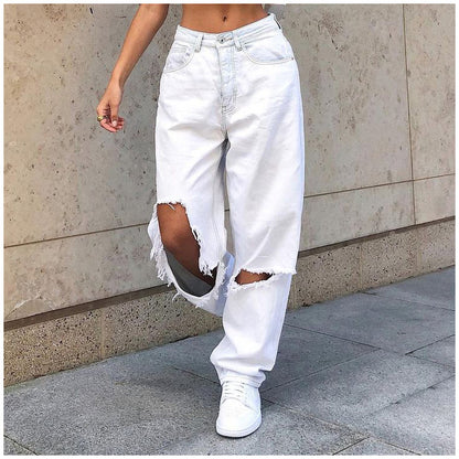 Women's White Jeans with Ripped Knee -