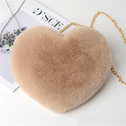 Large Capacity Heart Plush Bag with Chain Strap - Tan