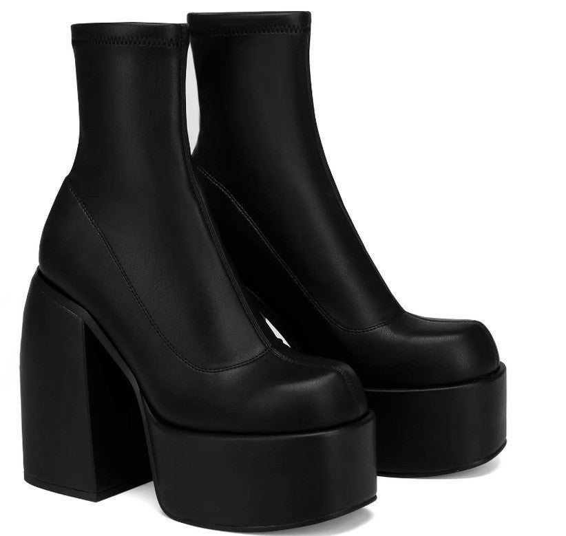 Thick Mid-Ankle Platform High Heels - Black