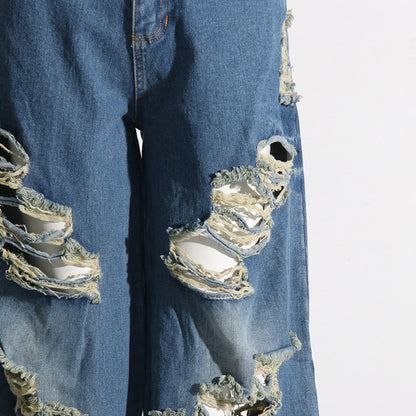 Oversized Ripped Lapel Jean Jacket with Matching Ripped Pants