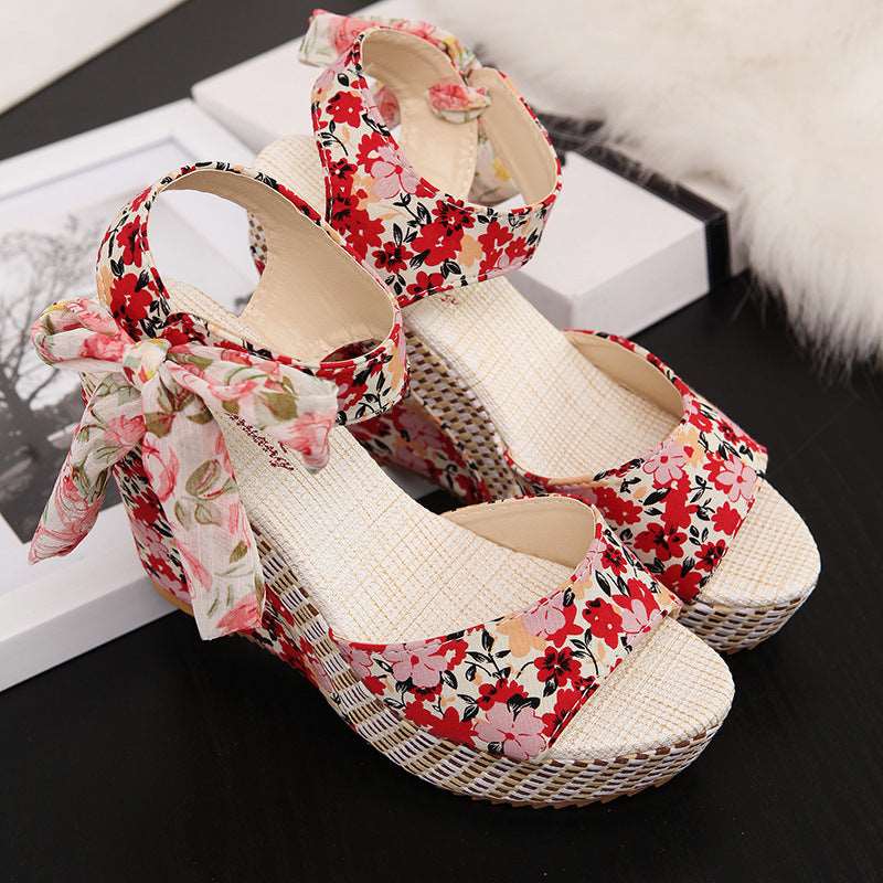 Floral Wedge Platform High Heels with Bow - Red